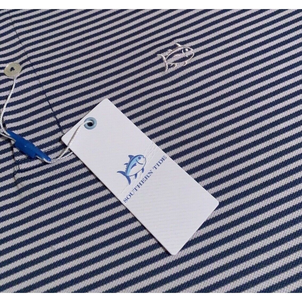 NEW Southern Tide Men's XL Aged Denim Blue Fredrick Striped Pique Polo Shirt
